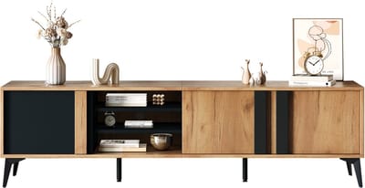 Bruin Zwart Spaanplaat Tv Meubel 180x40x50cm Woonkamer Opberg Met Kabelgat Verstelbare Poten