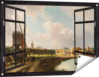 Gards Tuinposter Doorkijk Gezicht op Den Haag vanaf de Delftse Vaart in de Zeventiende Eeuw - Cornelis Springer - 90x60 cm - Tuindoek - Tuindecoratie - Wanddecoratie buiten - Tuinschilderij