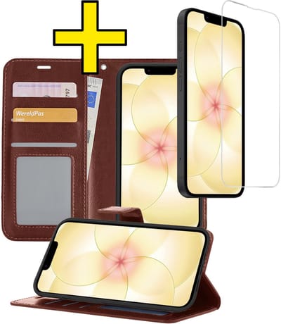 Hoesje - Met Screenprotector - Geschikt voor Apple iPhone 17e - Luxe Pasjeshouder - Bookcase Portemonee - Flip Case - Kunstleer Book Case - Flipcase - Book Cover - Walletcase - Portemonneehoes - Telefoonhoesjes - Bruin