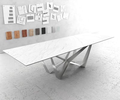Eettafel Edge Laminam® keramiek wit 300x100cm middenvoet vlak staal zilver