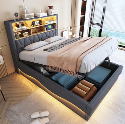 MEUNIQ gestoffeerd tweepersoonsbed 140x200 cm met hydraulische opbergruimte, LED-verlichting, USB-aansluiting, open opbergvak en metalen lattenbodem voor slaapkamer grijs