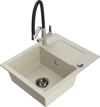 Mexen Enzo granieten gootsteen 1-kompartment met afdruiprek en keukenmengkraan Duo, beige - 6506-69-671701-07-B