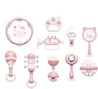 10 stuks Muziekinstrumenten voor kinderen - Muziek Speelgoed -Handtrommel - Slaginstrument - Baby-tamboerijn - Montessori Speelgoed - Zuigelingen 0-3 jaar oud - Roze Konijn