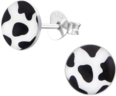 Joy|S - Zilveren rond oorbellen - koe print - 7 mm - zwart wit