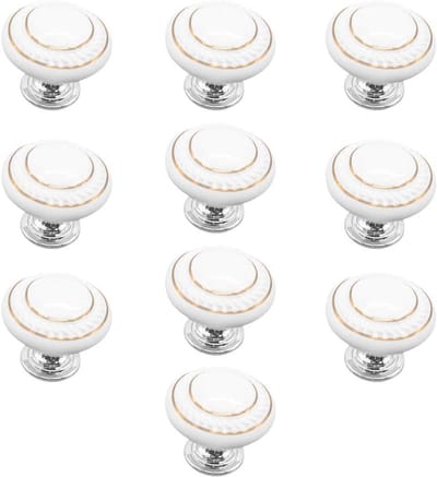 10 Stuks Keramische Ladeknoppen en Handgrepen - Dubbel Gouden Cirkel - Witte Meubelaccessoires voor Keuken en Kasten