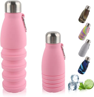 Opvouwbare drinkbeker, 550 ml sportbeker, draagbaar, waterdicht en spillvrij, ideaal voor reizen, sport en buitenactiviteiten (roze)
