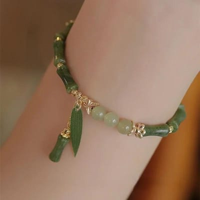 Bracelet de perles en bambou vert rétro de Style chinois pour femmes, breloque Simple en alliage de feuille, bijoux cadeau brown
