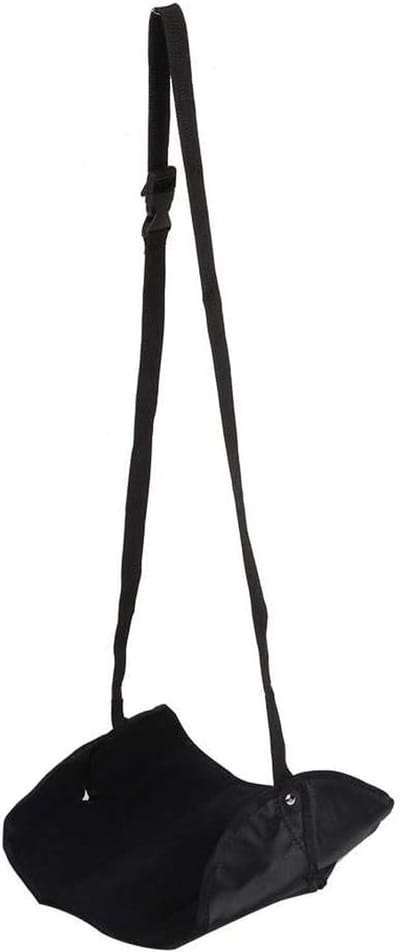 Hangende voetsteun voor vliegtuig en kantoor, tuin hangmat, rust en comfort met kledinghanger - reisaccessoire in zwart.