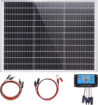 Zonnepaneel Kit - Solar Energie - Stroomvoorziening Buiten - Hoog Rendement Cellen - 50 Watt - Zwart