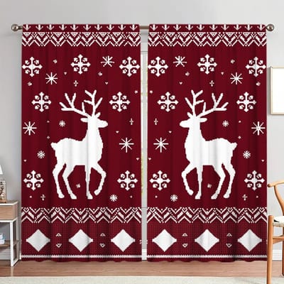 2 stuks Eland Hert Sneeuwvlok Bedrukt Gordijn voor Kerst Huisdecoratie - Tunnel voor Roede Raambekleding voor Slaapkamer, Kantoor, Keuken 52.5cmX116cm X 2pcs white