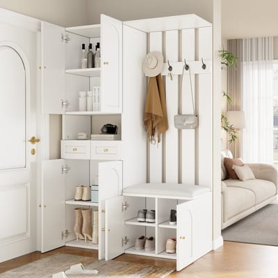 STILVORA Garderobeset – Halmeubel Met Zitbank En Schoenkast – 6 Deuren 2 Lades 4 Haken – Met Kantelbeveiliging – Spaanplaat – 110x37x180 cm – Wit