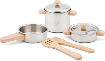 Woet® Metalen Pannenset - 7-delige Set met Houten Kookgerei - Speelgoed Keukenset - Speelgoedkeuken Accessoires voor Kinderen - Rollenspel Keukenspeelgoed - Vanaf 2 Jaar