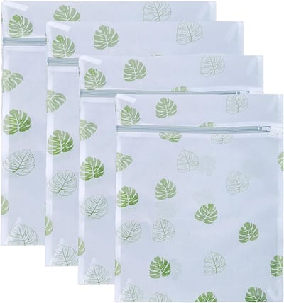 Set van 4 Herbruikbare Waszakken met Groene Bladeren, Ideaal voor Fijne Was zoals Hemden, Jassen en Truien met Rits Sluiting