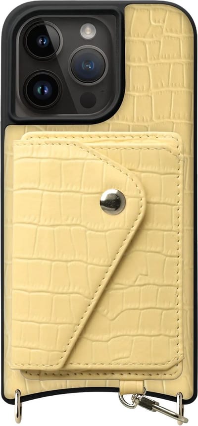 AVY Leren Hoesje Geschikt voor Apple iPhone 15 Pro | Met Magnetische Kaarthouder | Compatibel met MagSafe | Leather Case met Wallet | Croco Geel