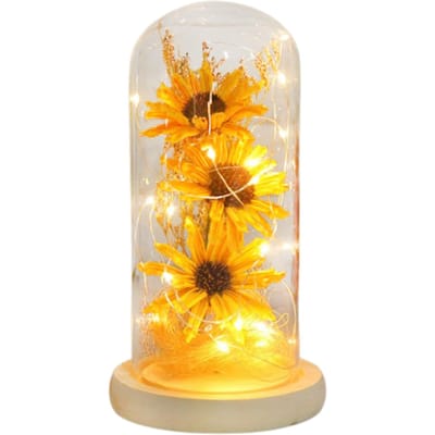 Geconserveerde Bloem Glazen Stolp Kunstmatige Simulatie Zonnebloem met LED-verlichting voor Valentijnsdag beige