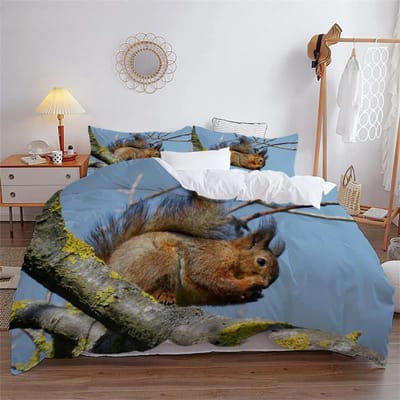 3D Eekhoorn Koning Koningin Dekbedovertrek Mooie Dieren Beddengoed Set voor Kinderen Tieners Volwassenen Wilde Dieren Groene Bladeren Zacht 2/3-delig Dekbedovertrek 140x210cm 2pcs