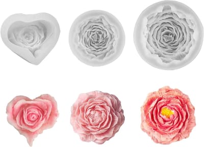 Set van 3 Silicoon Kaarsen Mallen, Hart, Roos en Pioen, Perfect voor Gieten, 3D Mallen voor Feestdagen en Cadeaus