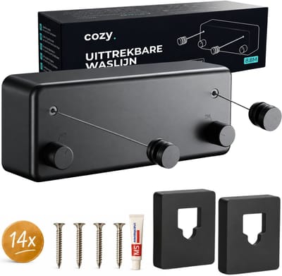 cozy.® Waslijn Uittrekbaar - Waslijndraad met stalen kern - Ook zonder boren - Wasdraad - Roldrooglijn - Drooglijn - Ruimtebesparend - 8.4 m (2x 4.2m) Drooglengte - Binnen en Buiten - Zwart
