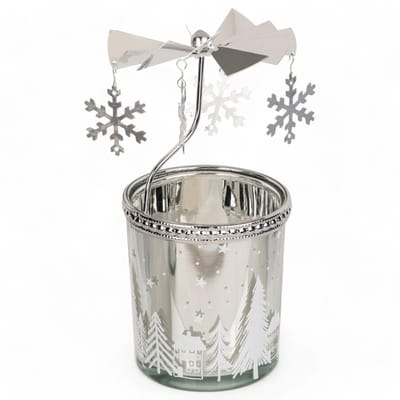 Dailygoods- Theelichthouder Roterende Carrousel - Mini Piramide 12 cm - Metalen Kandelaar - Kerstdecoratie - Votief Glas - Sneeuwvlok Ornamenten - Kaarsenhouder