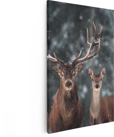 Artaza Canvas Schilderij Hertenkop Met Gewei - 20x30 cm - Klein - Muurdecoratie Winterbos - Wanddecoratie Sneeuw - Kamer Accessoires