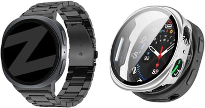 Bandz Bundel – RVS Schakelband ‘Classic’ – Zwart – (inclusief Inkortset) + Hard Case met Screenprotector Glas – Zilver – geschikt voor Samsung Galaxy Watch 8 (44mm)