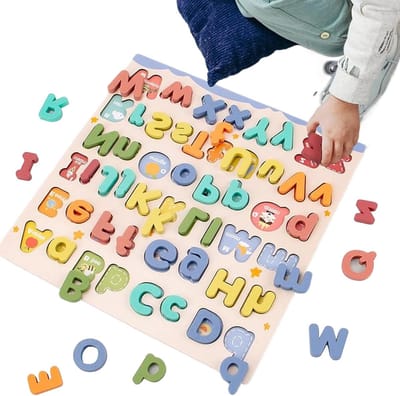 Alfabet Puzzel - Letter Puzzel Kinderen - Spelenderwijs Leren - Hoofdletters Kleine letters - 30 x 30 cm - Houtkleur