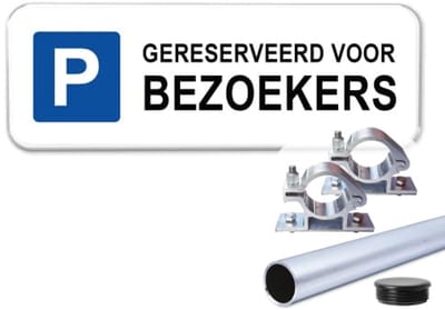 Parkeerbord Gereserveerd voor Bezoekers - Weerbestendig Aluminium - 40x15 cm - Bevestiging: Met paal 120 cm + paalbeugels + paaldop