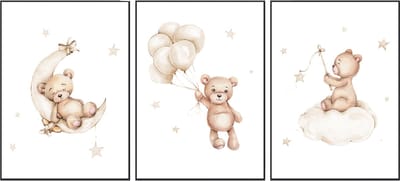 No Filter Babykamer posters set - 3 stuks - 30x40 cm (A3) - Kinderkamer decoratie - Teddy beer met ballon - Sterren - Beige