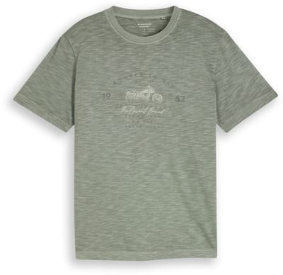 Tom Tailor - T-shirt in gemêleerde look met print - Maat S - Greyish Shadow Olive