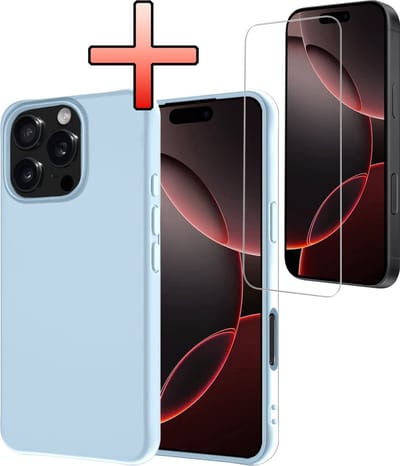 Hoesje - Met Screenprotector - Geschikt voor Apple iPhone 16 Pro - Sterk & Shockproof - Back Cover - Siliconen Case - Telefoon Hoes - Lichtblauw