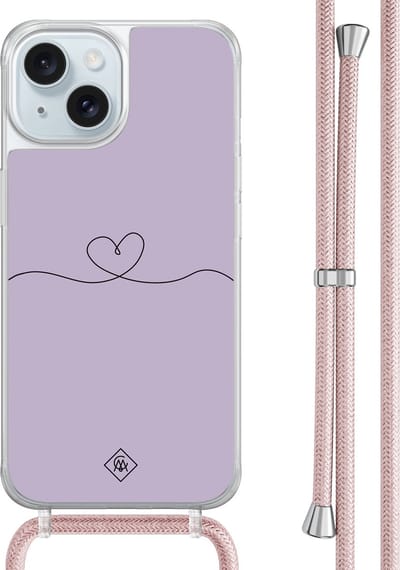 Casimoda® hoesje met rosegoud koord - Geschikt voor iPhone 15 - Hart Lila - Afneembaar koord - TPU/acryl - Paars