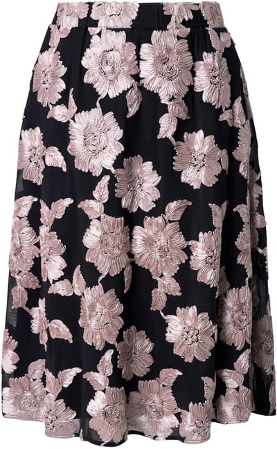 Ulla Popken - Dames - Midi-rok bloemapplicaties A-lijn elastische tailleband - Zwart - Maat 46+