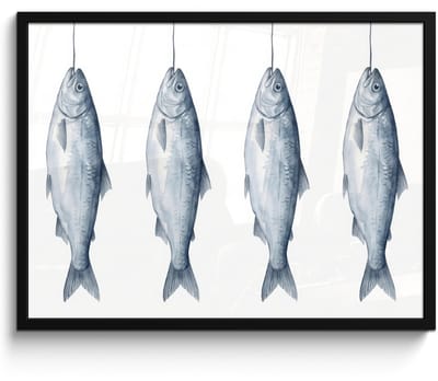 Poster in lijst - Fotolijst 80x60 cm - Posters - Vissen - Illustratie - Delfts - Blauw - Posterlijst zwart - Decoratie - Wanddecoratie woonkamer - Muurdecoratie slaapkamer