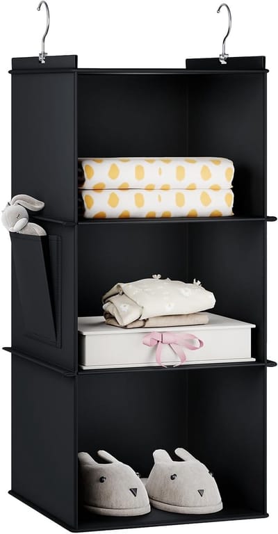 Hanging Storage met 3 Planken voor Kledingorganizer, Vouwbare Hangende Planken met Zijvakken voor Kledingkast en Opbergruimte, Zwart