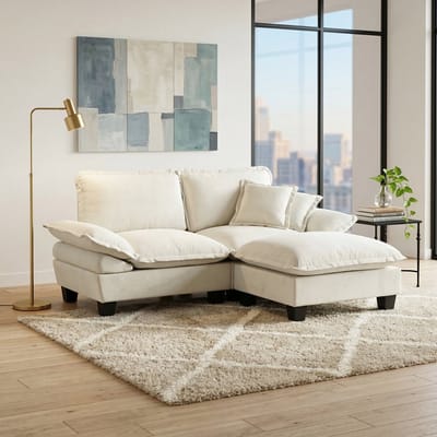 MODFU Modulaire Hoekbank - Afneembare Ottomaan En 2 Zachte Kussens - Modern - Woonkamer - Chenille - Beige - 194 X 151 X 90 Cm