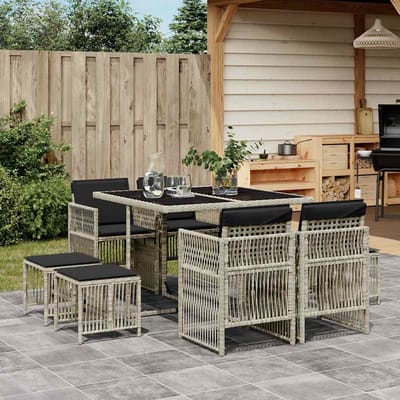 vidaXL - 9-delige - Tuinset - met - kussens - poly - rattan - lichtgrijs