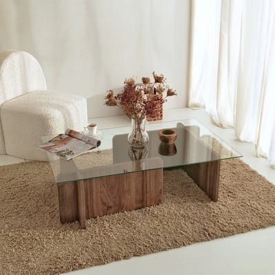Salontafel glas hout - walnoot - 105x30x65cm - gehard glass - Retro - bijzettafel glas