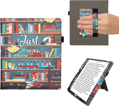 kwmobile e-reader hoesje geschikt voor Pocketbook InkPad Eo / Bigme InkNote Color+ hoes - E reader flip case van kunstleer - Ereader cover met stand - bibliotheek design in meerkleurig