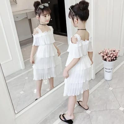 Zomer Shortspak voor Meisjes Koreaanse Stijl Zomer Kinderen Schouderbandjes Eén Schouder Chiffon Twee Delig Pak Geplooide Mesh Effen Kleur Twee Delig Pak 110 wit
