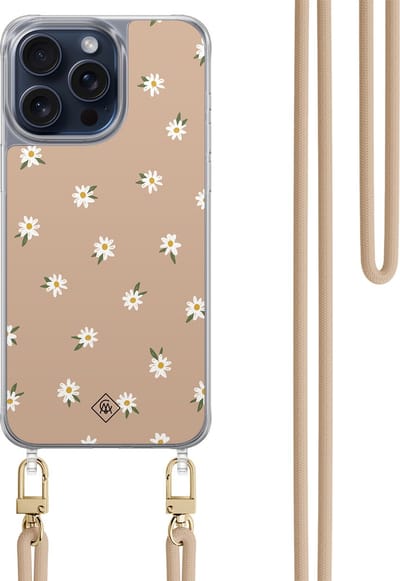Casimoda® hoesje met beige koord - Geschikt voor iPhone 15 Pro Max - Sweet Daisies - Afneembaar koord - TPU/polycarbonaat - Bruin/beige