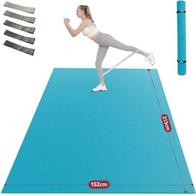 Gymnastics Mat - XXL-Fitnessmat – Extra Grote Yoga- en Fitnessmat – Antislip - PVC met Hoge Dichtheid - 0,8 cm Dik – Inclusief Fitnessbanden – 213 x 152 cm – Blauw