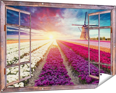 Gards Tuinposter Doorkijk Kleurrijke Tulpen Bloemenveld - Windmolen - 150x100 cm - Tuindoek - Tuindecoratie - Wanddecoratie buiten - Tuinschilderij
