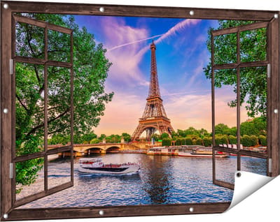 Gards Tuinposter Doorkijk Eiffeltoren in Parijs aan het Water - Kleur - 120x80 cm - Tuindoek - Tuindecoratie - Wanddecoratie buiten - Tuinschilderij