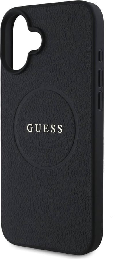 Guess Grained Gold Ring Hoesje Geschikt voor Apple iPhone 16 Plus - Back Cover Compatibel met MagSafe - Zwart