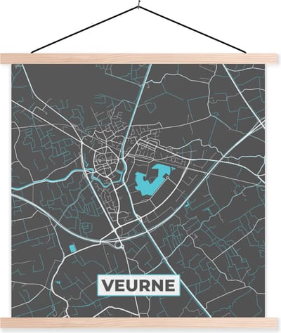 Posterhanger incl. Poster 40x40 cm - Schoolplaat - Stadskaart – Grijs - Kaart – Veurne – België – Plattegrond - Textielposter - Blanke latten - Stadskaart