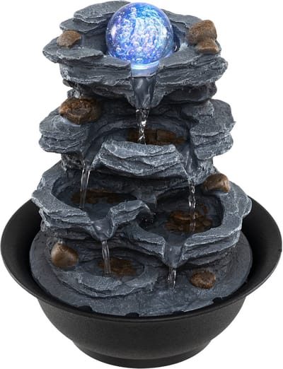 COSTWAY Kamerfontein met pomp, tafelfontein met rollende bol, gekleurde ledverlichting, waterfontein steenlook, fontein voor tuin, fontein waterval, tafeldecoratie, 21,5 x 26 cm