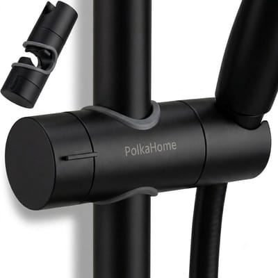 PolkaHome® Douchekophouder - Universele Handdouchehouder - 360° Verstelbaar - Zonder Boren - Draaibaar - Glijstuk voor Douchestang - Verstelbare Standaard Douchekop Houder - Glijder voor Wandhouder - Handdouche Beugel - Voor Badkamer (Zwart)