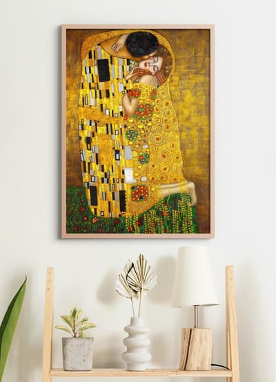 Poster In Houten Lijst - De Kus - Gustav Klimt - Large 70x50 - Wanddecoratie - (Retro/Vintage)