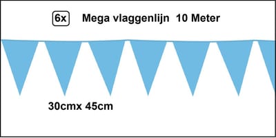 6x Mega vlaggenlijn licht blauw 30cm x 45cm 10 meter - Reuze vlaggenlijn - vlaglijn mega thema feest verjaardag optocht festival