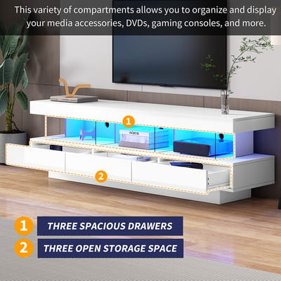 KOMHTOM TV Meubel met 3 glazen planken, LED-verlichting Bluetooth connectiviteit voor 70” TV glanzend glazen smart TV-standaard wit